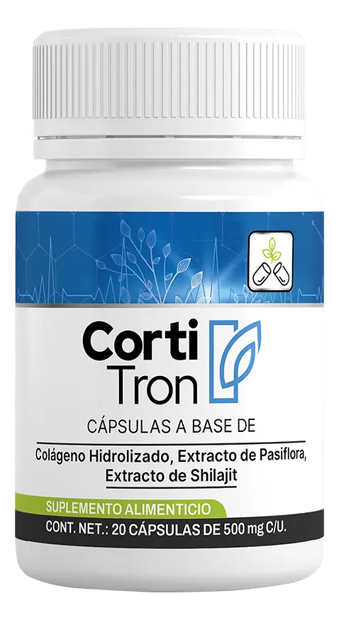 Frasco de Cortitron, suplemento alimenticio a base de colágeno hidrolizado, pasiflora y shilajit